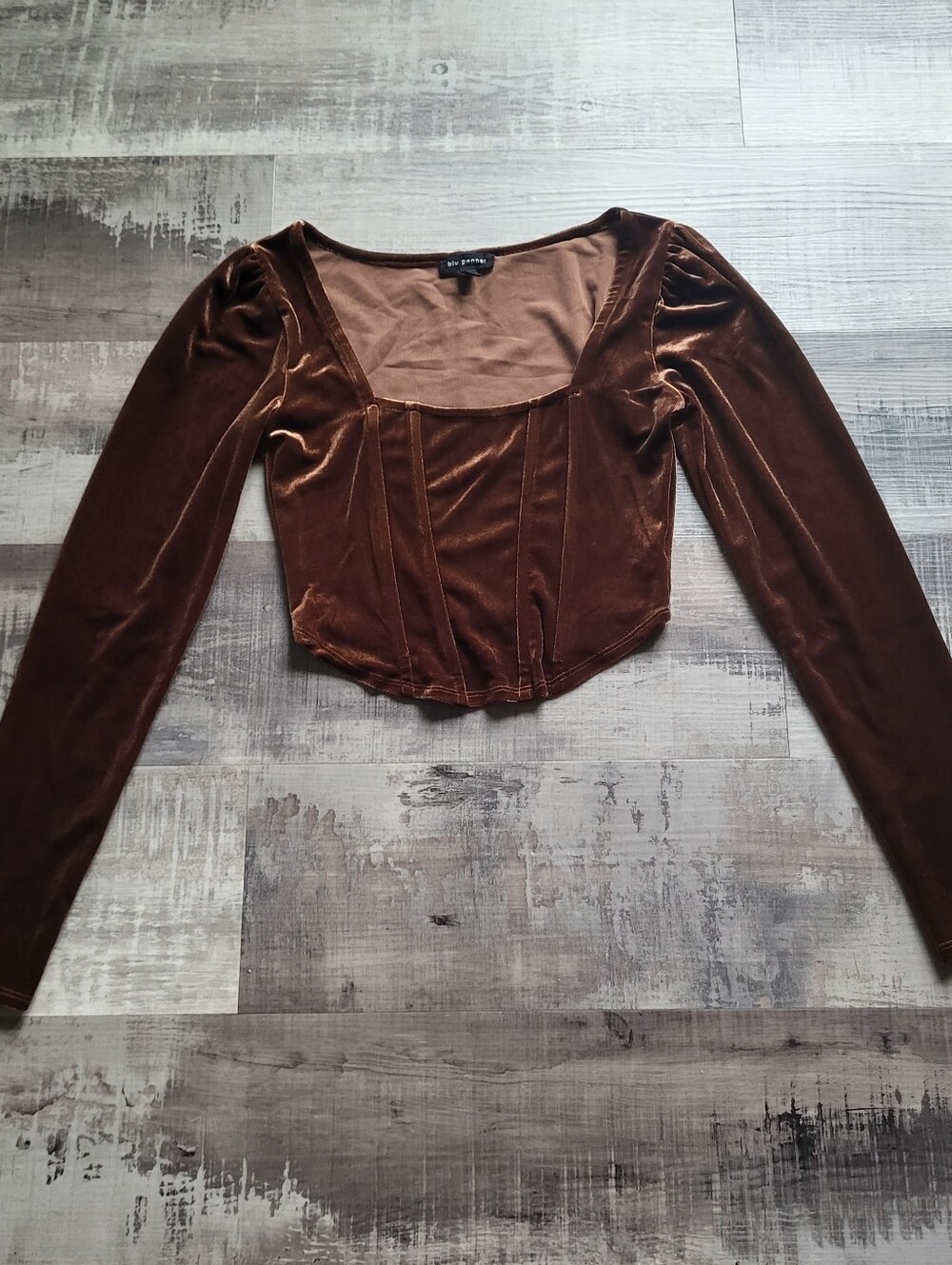Blu Pepper Velvet Corset Top M Medium Brown Long Sleeve Sweetheart Crop Blouse